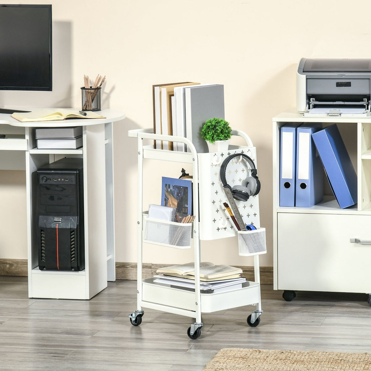 Trolley With Drawers 3-Tier Kitchen Shelf On Wheels For Kitchen Office, Steel, White, 51.5X32X75.6Cm