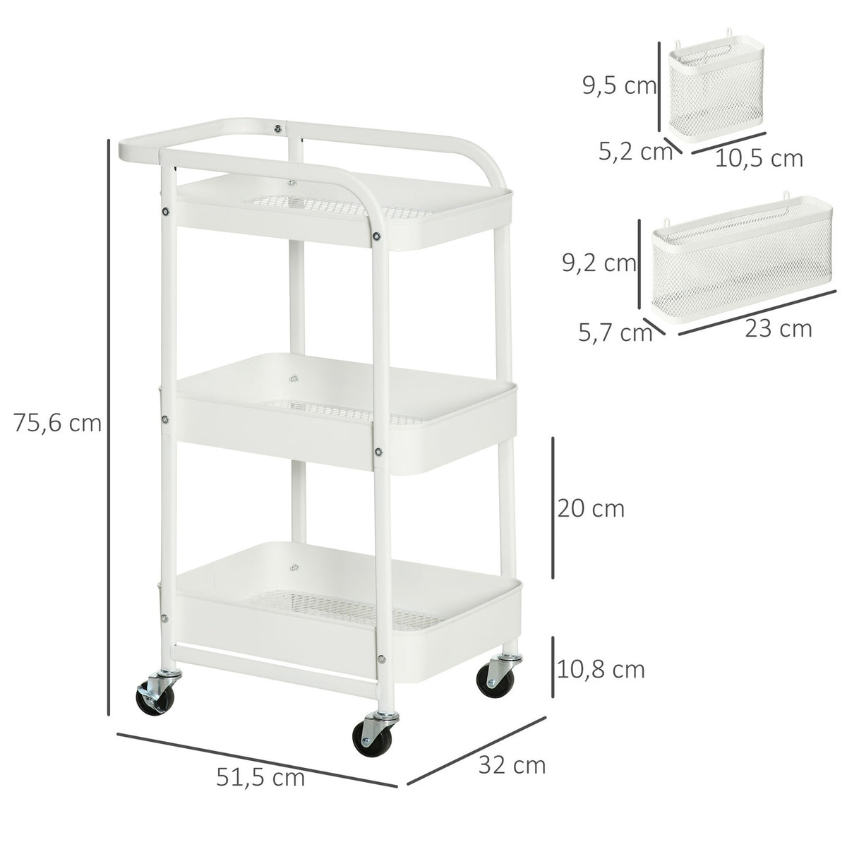Trolley With Drawers 3-Tier Kitchen Shelf On Wheels For Kitchen Office, Steel, White, 51.5X32X75.6Cm