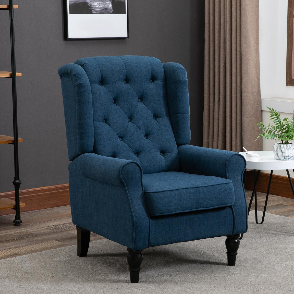 Tufted Wing Chair High Back Upholstered Lounge Chair with Rounded Armrests Wooden Legs for Bedroom Living Room up to 160kg Blue