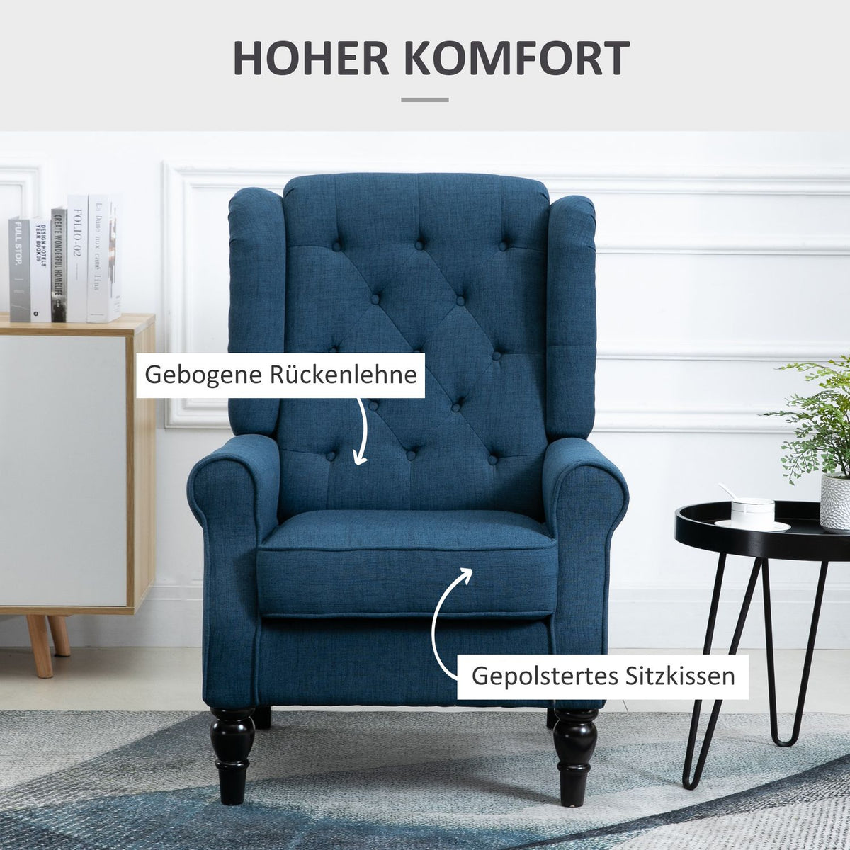 Tufted Wing Chair High Back Upholstered Lounge Chair with Rounded Armrests Wooden Legs for Bedroom Living Room up to 160kg Blue