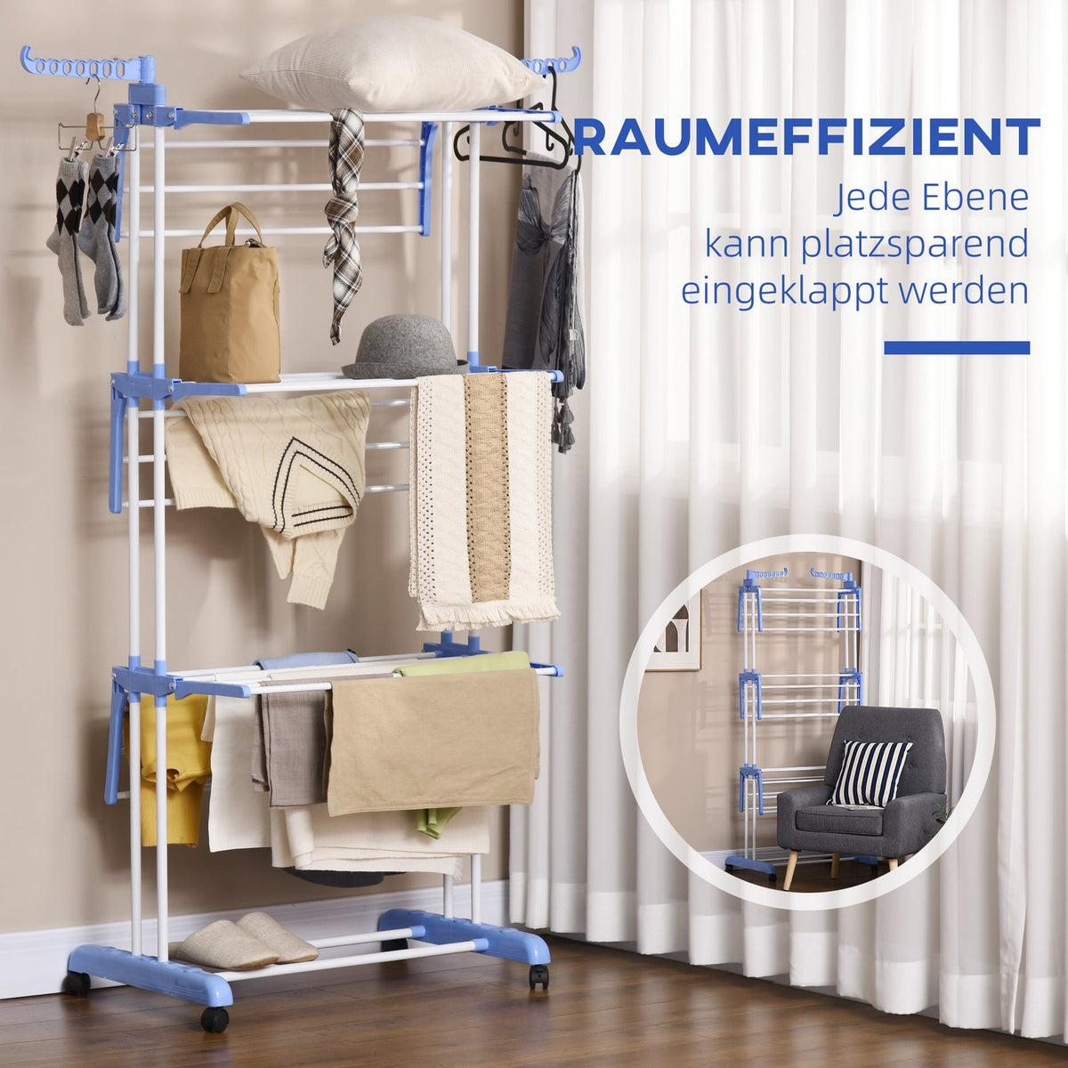 Tumble Dryer Tower Clothes Airer With Wheels, Clothes Airer With 4 Levels, Stand Dryer, Extendable Laundry Tower For Indoor And Outdoor Use, Steel Blue