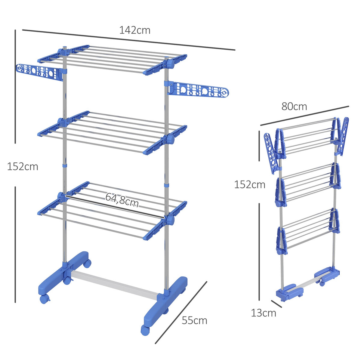 Tumble Dryer Tower Wheels 3 Levels Foldable Side Wings Steel Blue