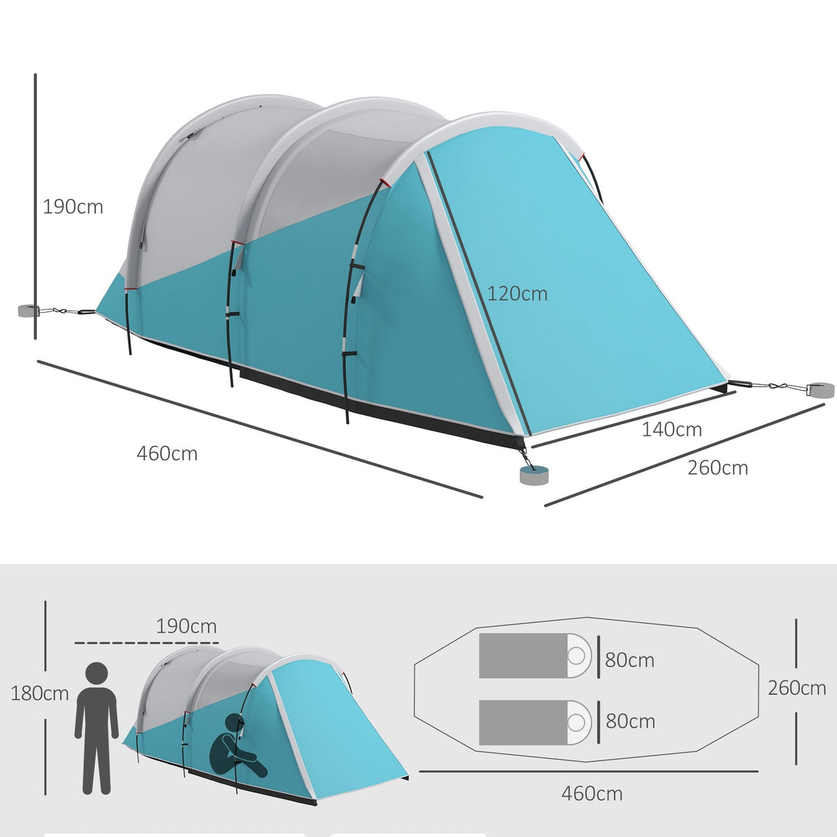 Tunnel Tent Camping Tent 5 People 2 Rooms Carry Bag 3000Mm Water-Repellent Blue