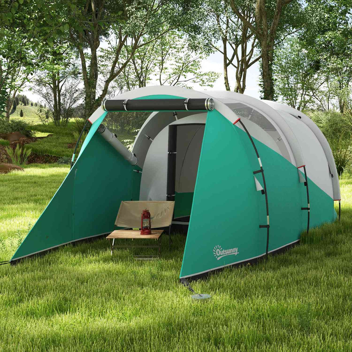 Tunnel Tent Camping Tent 5 Person Family Tent 2 Rooms Carry Bag 3000Mm Group Tent Garden Green