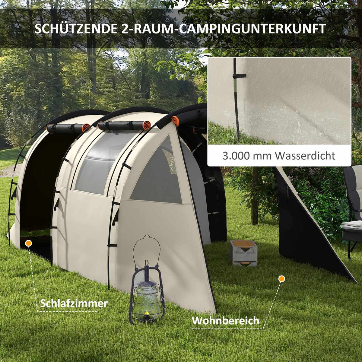 Tunnel Tent Camping Tent 5 Person Family Tent 2 Rooms Side Window Carry Bag 3000Mm Garden Khaki