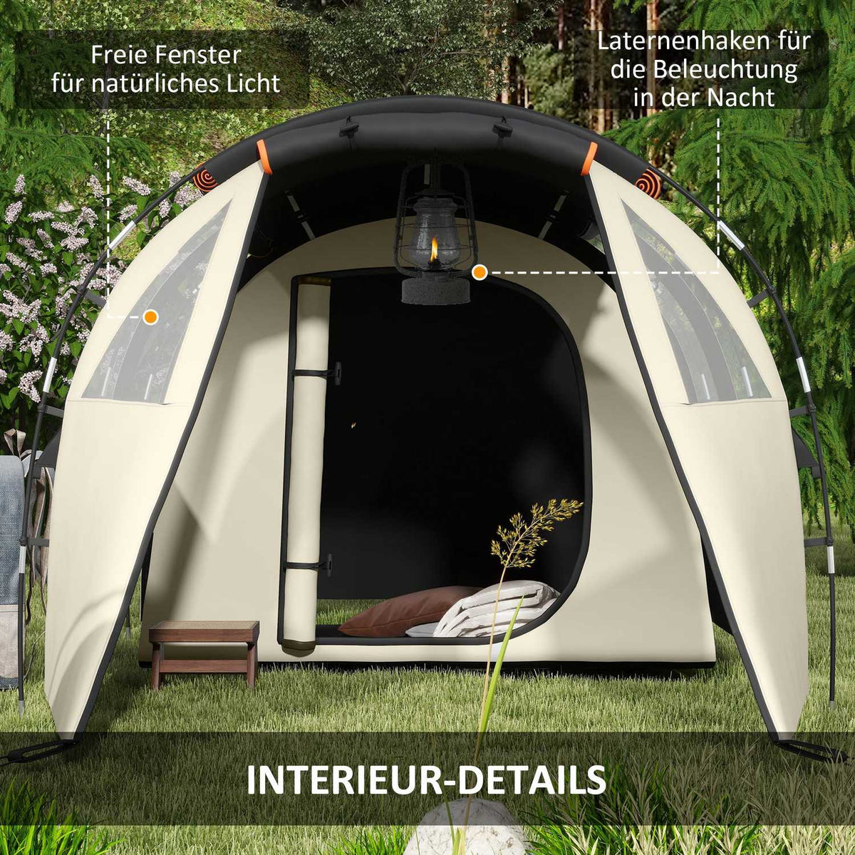 Tunnel Tent Camping Tent 5 Person Family Tent 2 Rooms Side Window Carry Bag 3000Mm Garden Khaki