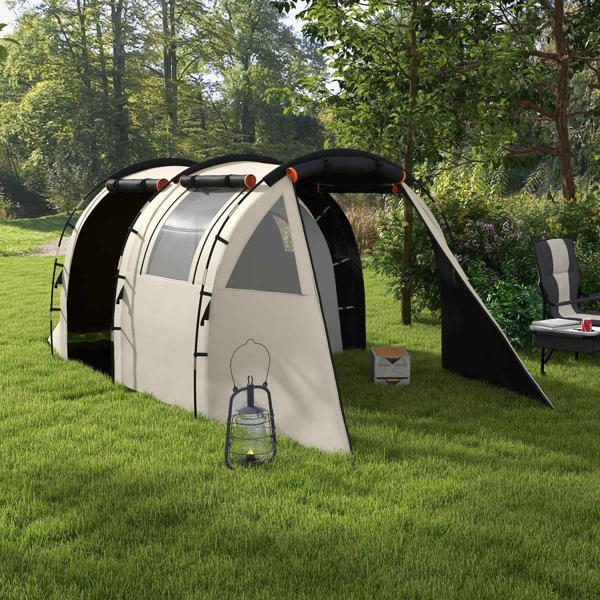 Tunnel Tent Camping Tent 5 Person Family Tent 2 Rooms Side Window Carry Bag 3000Mm Garden Khaki