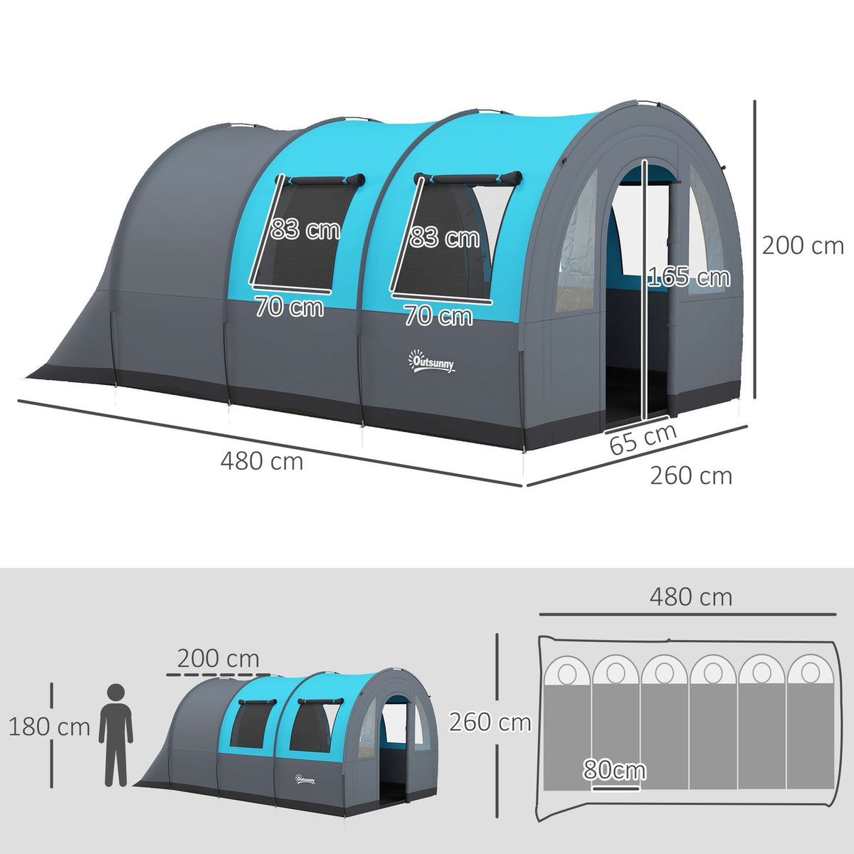 Tunnel Tent Camping Tent 6 People 2 Rooms Light Hook Group Tent Carry Bag 3000Mm Family Tent Garden Gray