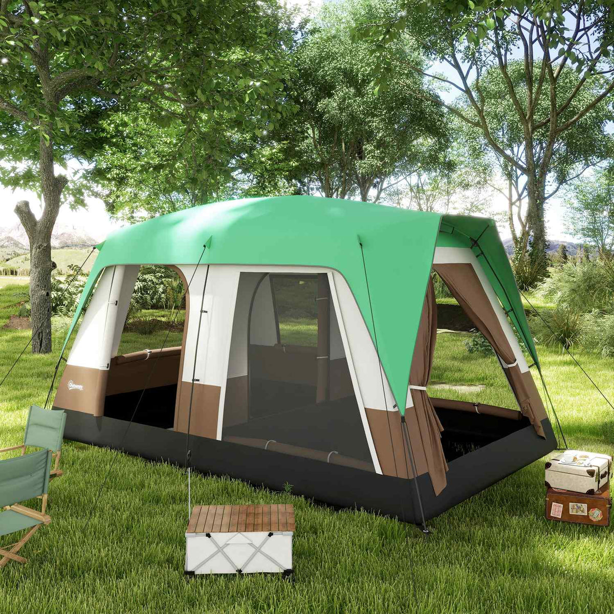 Tunnel Tent Camping Tent 8 Person Light Hook Mesh Window Family Tent Carry Bag 3000Mm Group Tent Garden Camping Green