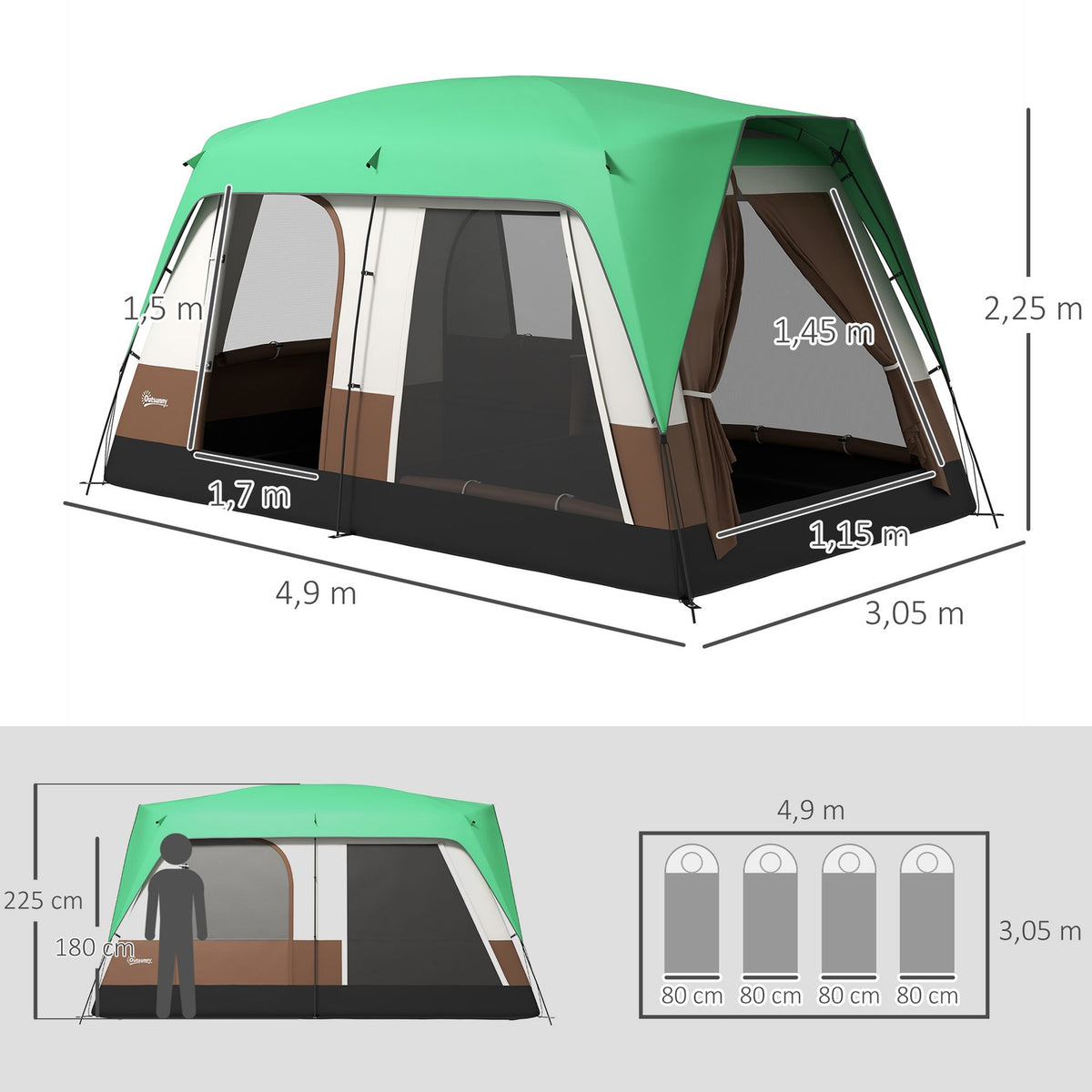 Tunnel Tent Camping Tent 8 Person Light Hook Mesh Window Family Tent Carry Bag 3000Mm Group Tent Garden Camping Green