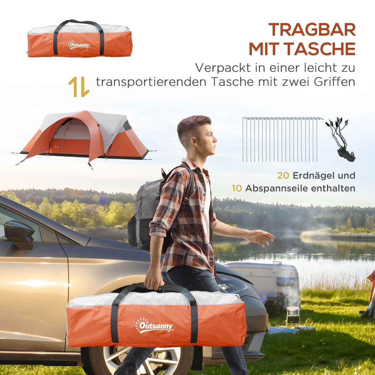 Tunnel Tent, Camping Tent, Water-Repellent Family Tent For 6 People, Festival Tent With Window, Carry Bag, For Garden, Patio, Orange