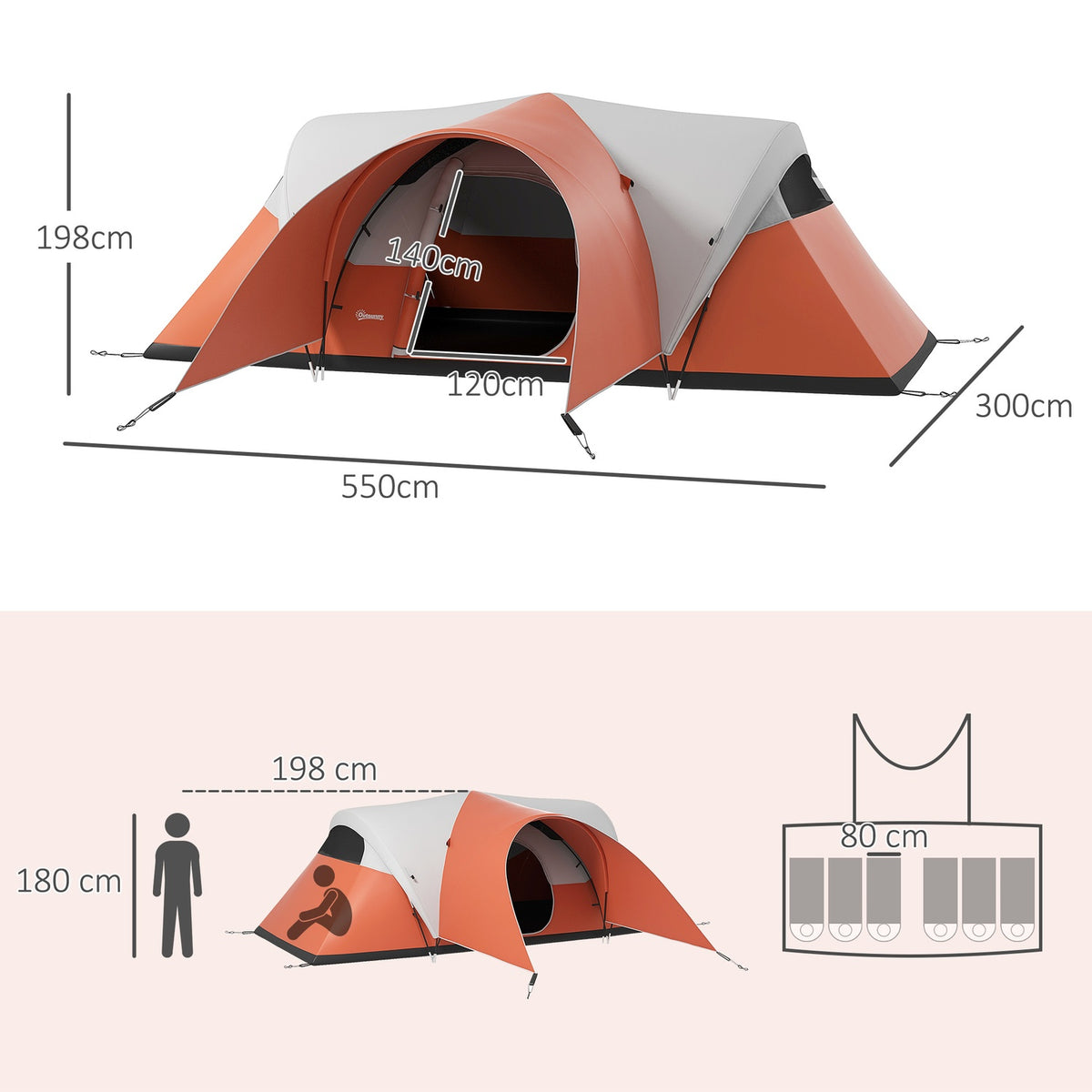 Tunnel Tent, Camping Tent, Water-Repellent Family Tent For 6 People, Festival Tent With Window, Carry Bag, For Garden, Patio, Orange