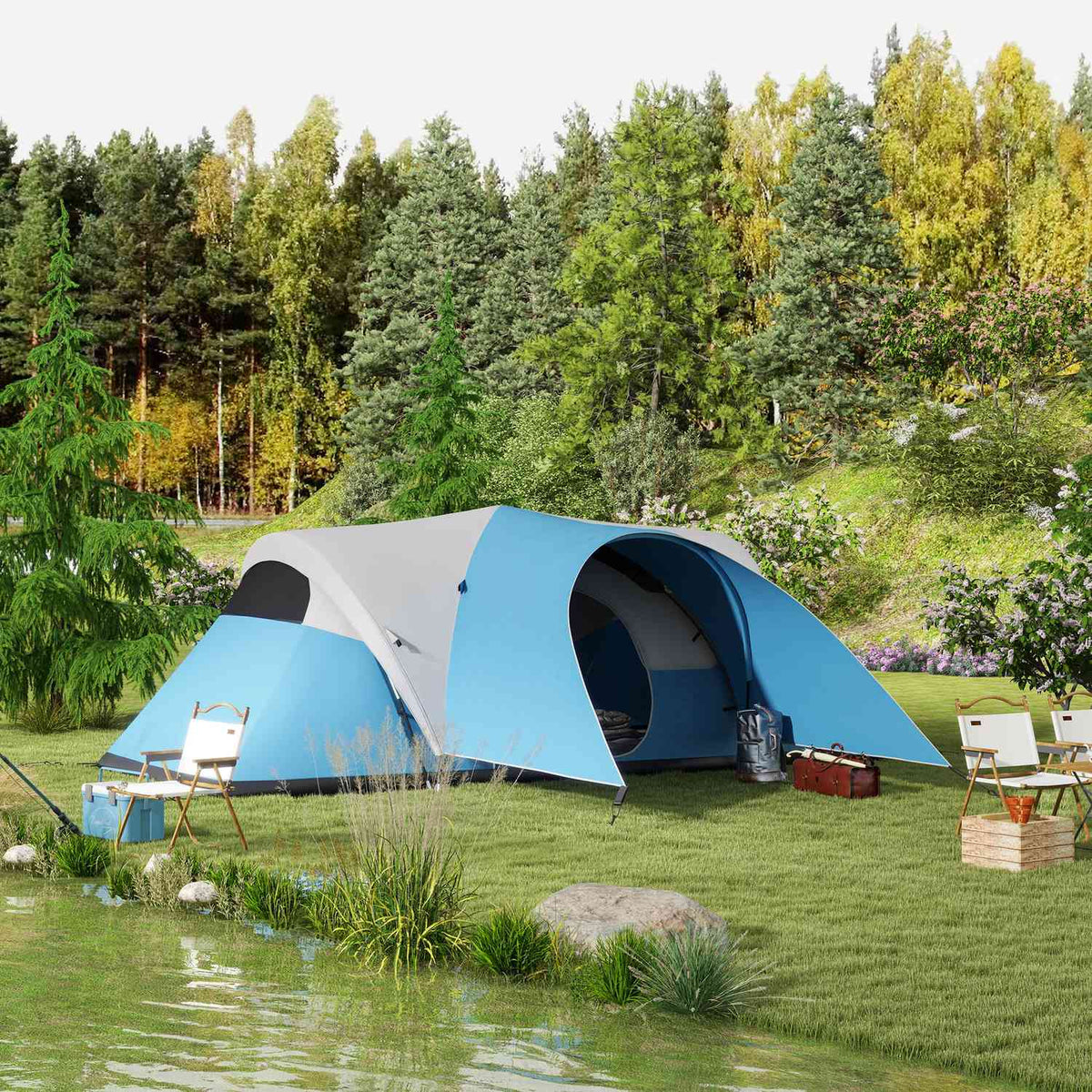 Tunnel Tent, Camping Tent, Water-Repellent Family Tent for 6 People, Festival Tent with Window, Carry Bag, for Garden, Patio, Blue
