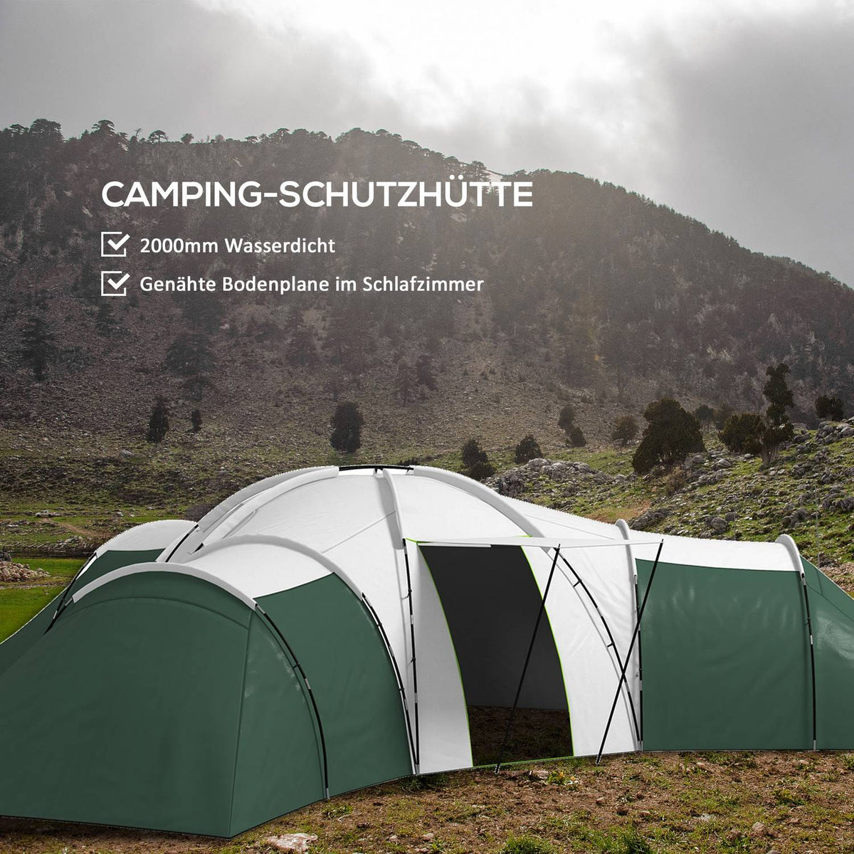 Tunnel Tent, Camping Tent for 6-9 Persons, Family Tent with 3 Bedrooms, Living Room, Porch, Carry Bag, 2000mm Water Resistant Oxford, for Garden, Green
