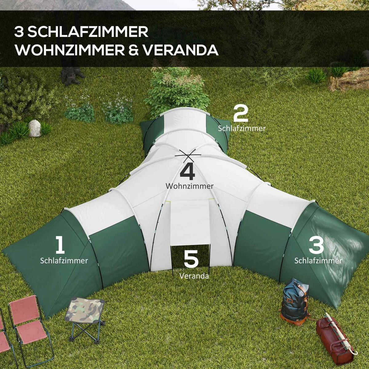 Tunnel Tent, Camping Tent for 6-9 Persons, Family Tent with 3 Bedrooms, Living Room, Porch, Carry Bag, 2000mm Water Resistant Oxford, for Garden, Green