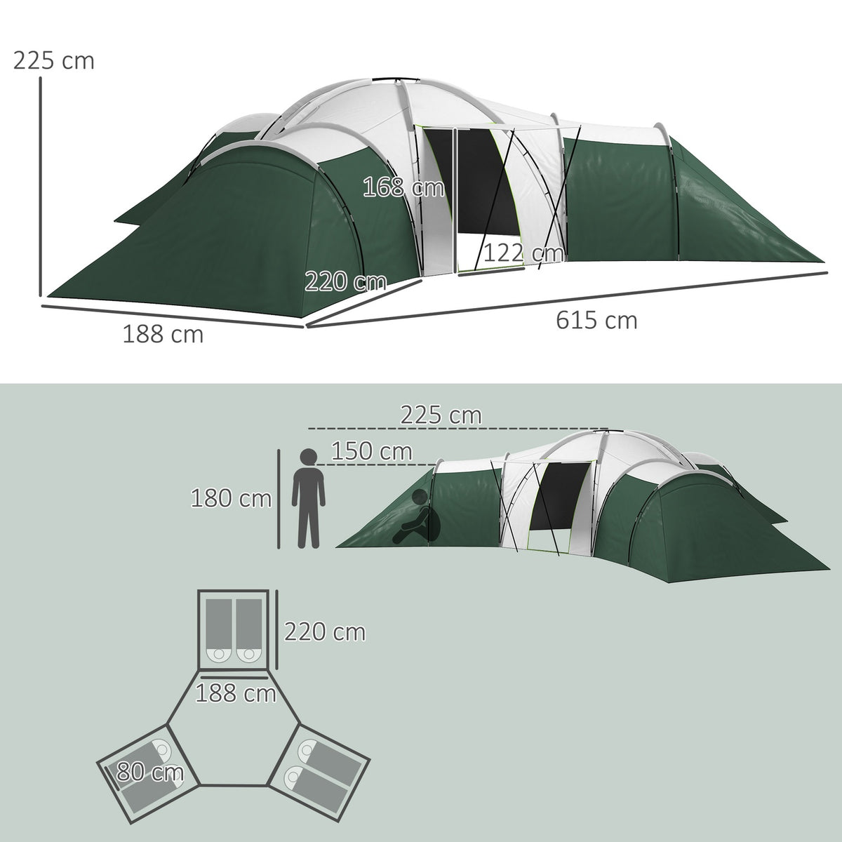 Tunnel Tent, Camping Tent for 6-9 Persons, Family Tent with 3 Bedrooms, Living Room, Porch, Carry Bag, 2000mm Water Resistant Oxford, for Garden, Green