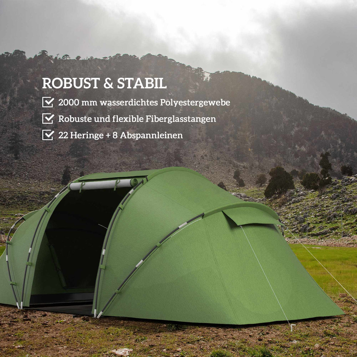 Tunnel Tent for 4-6 People, Waterproof 2000mm, Green