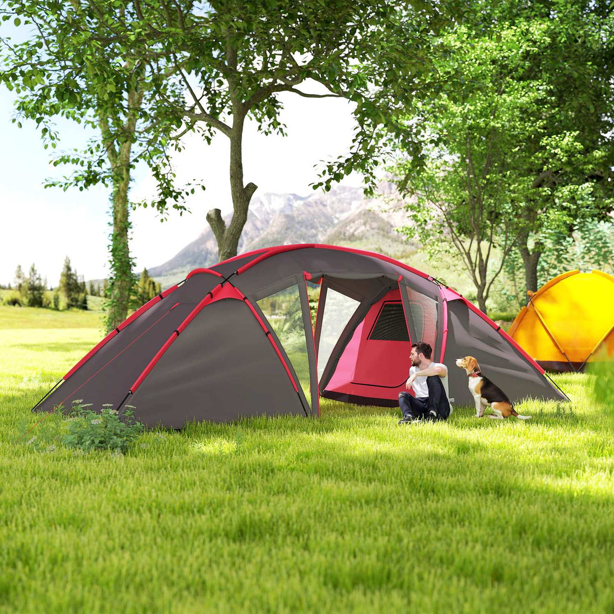 Tunnel tent, camping tent for 4-6 people, with 3 rooms, light hooks, double doors, grey