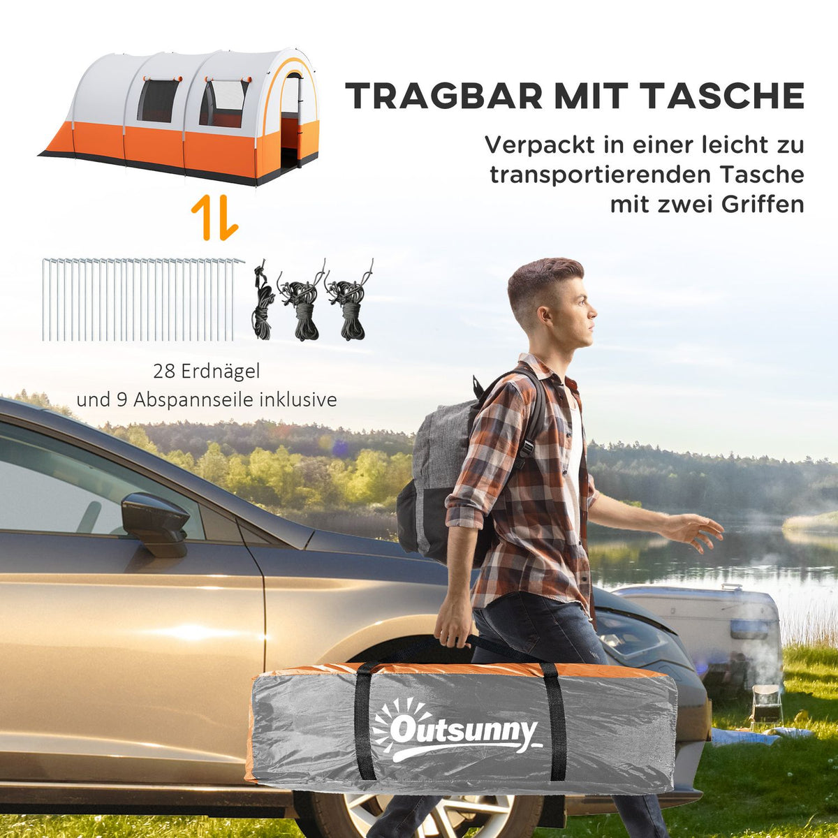 Tunnel tent, camping tent for 6 people, with 2 rooms, light hook, group tent with carry bag, 3000mm water-repellent family tent, for garden, campsite, cream white |