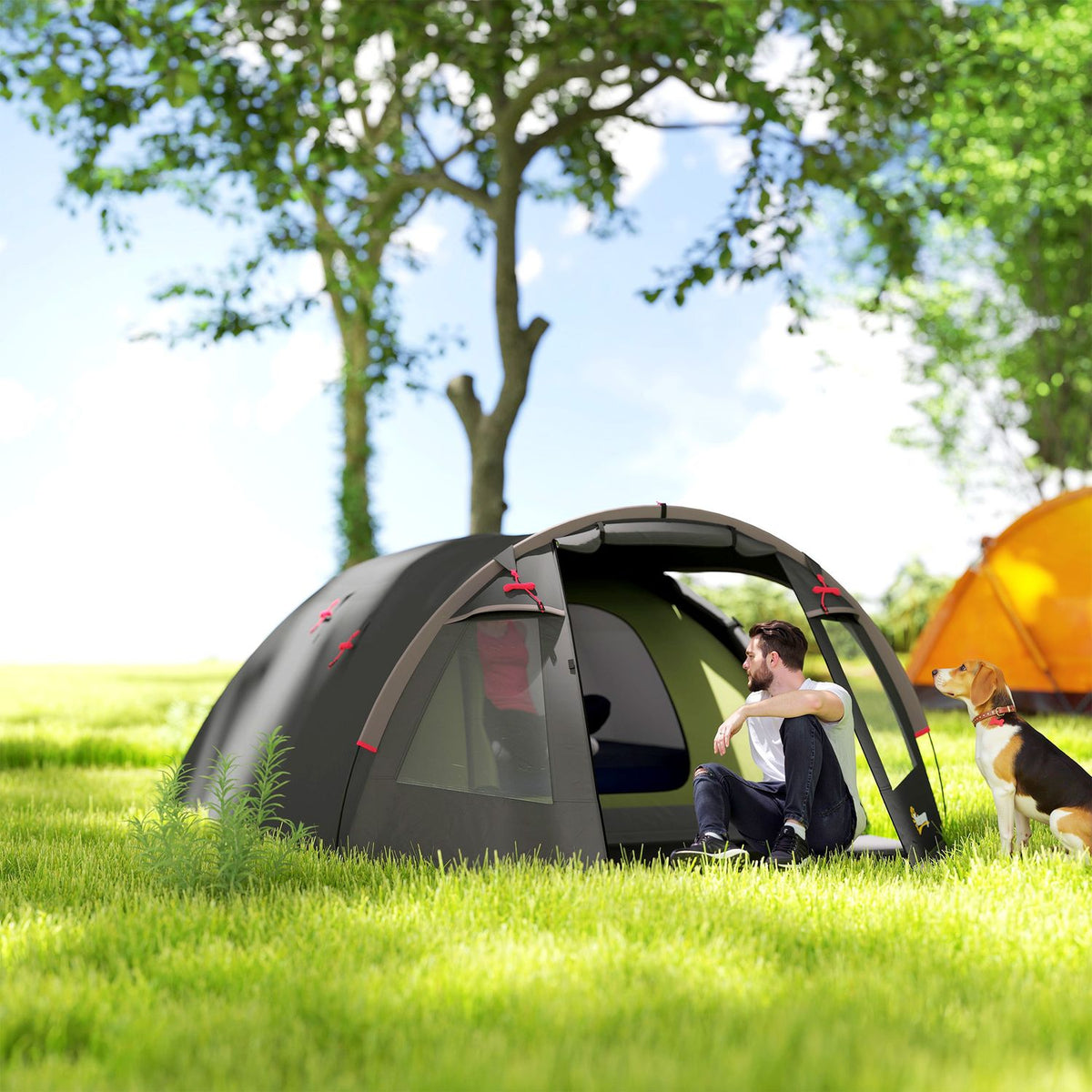 Tunnel tent for 4 people, lightweight, stable, waterproof, UV 50+ camping tent with canopy, double door, black