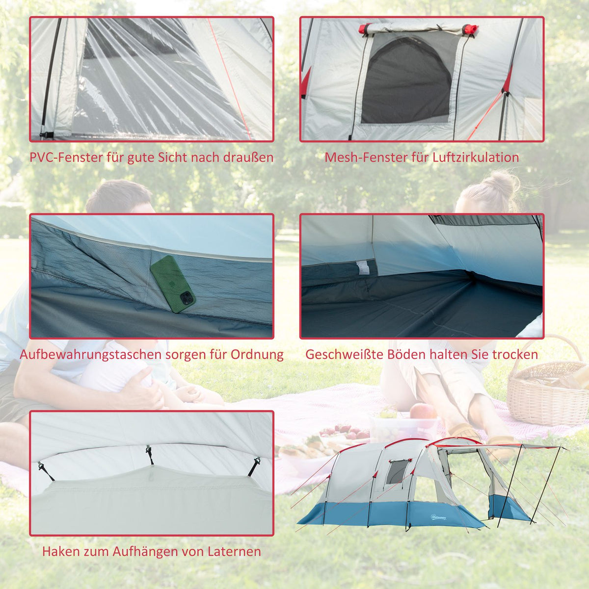 Tunnel tent for 8 people, camping tent with sleeping cabin, living room, family tent with carry bag, groundsheet, group tent with 3 doors, 2000 mm water column, blue