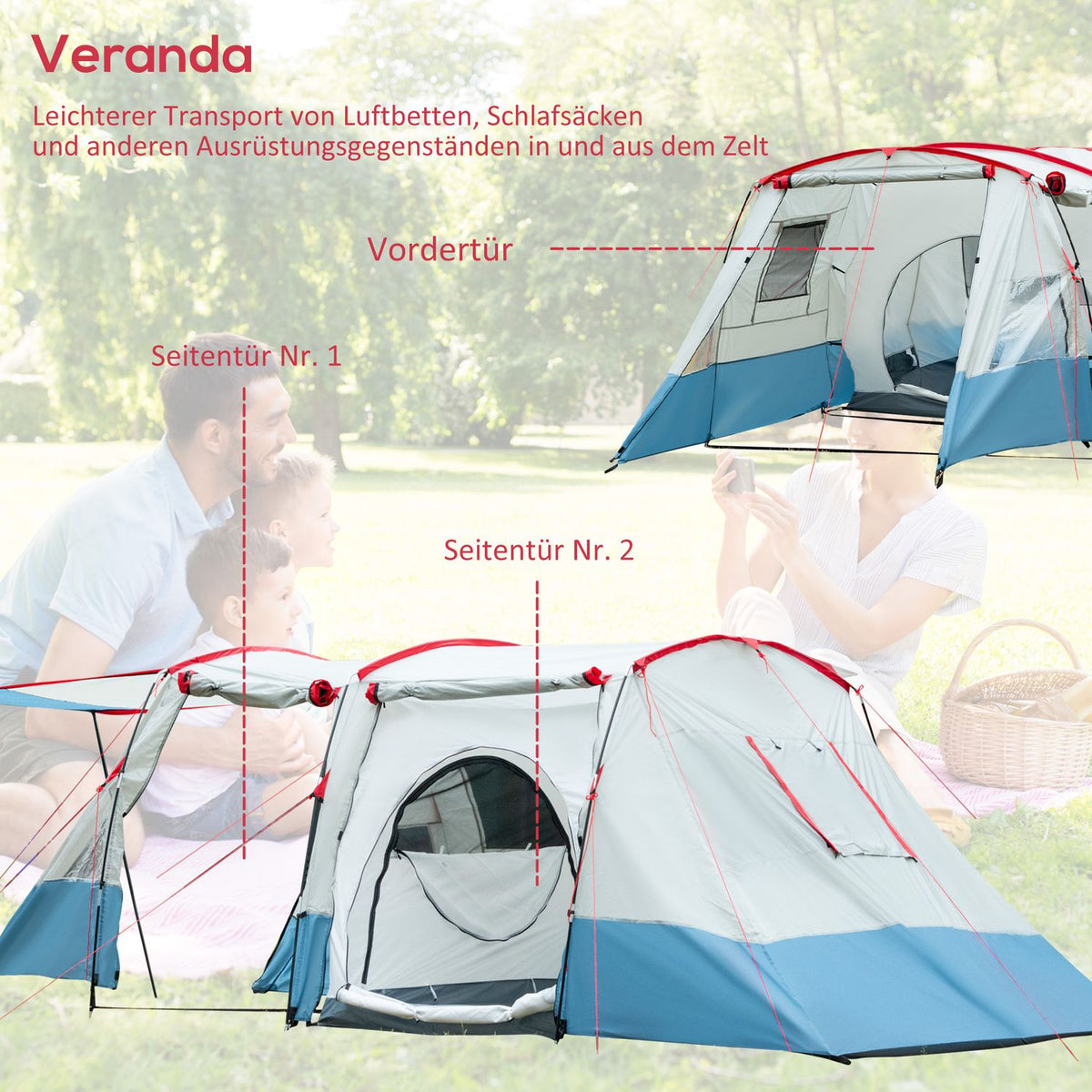 Tunnel tent for 8 people, camping tent with sleeping cabin, living room, family tent with carry bag, groundsheet, group tent with 3 doors, 2000 mm water column, blue