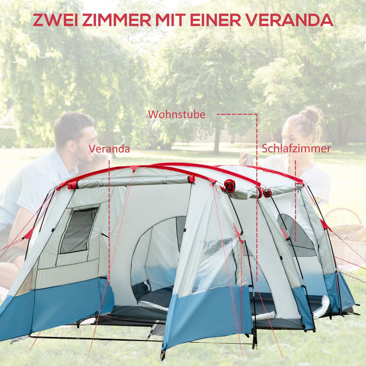 Tunnel tent for 8 people, camping tent with sleeping cabin, living room, family tent with carry bag, groundsheet, group tent with 3 doors, 2000 mm water column, blue