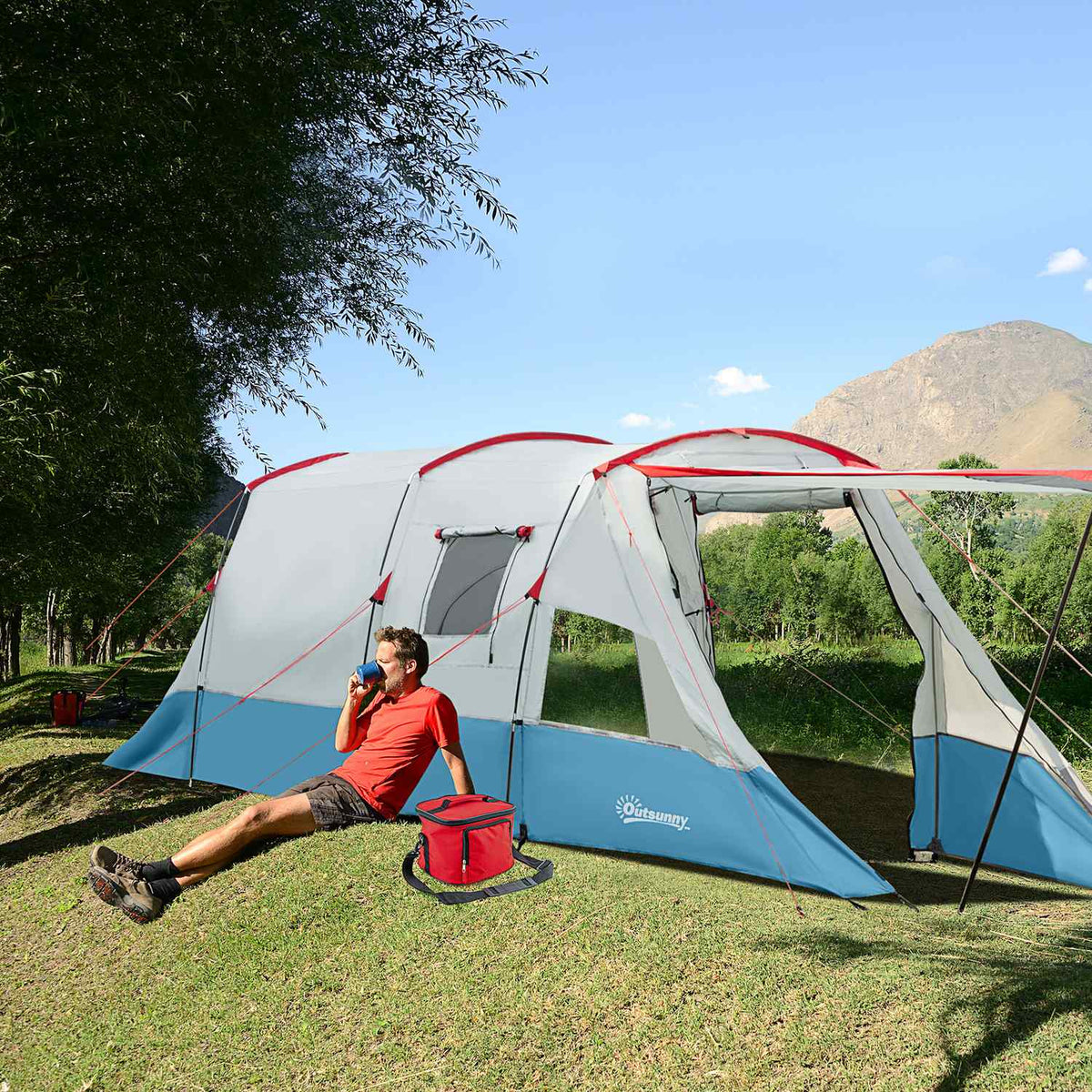 Tunnel tent for 8 people, camping tent with sleeping cabin, living room, family tent with carry bag, groundsheet, group tent with 3 doors, 2000 mm water column, blue