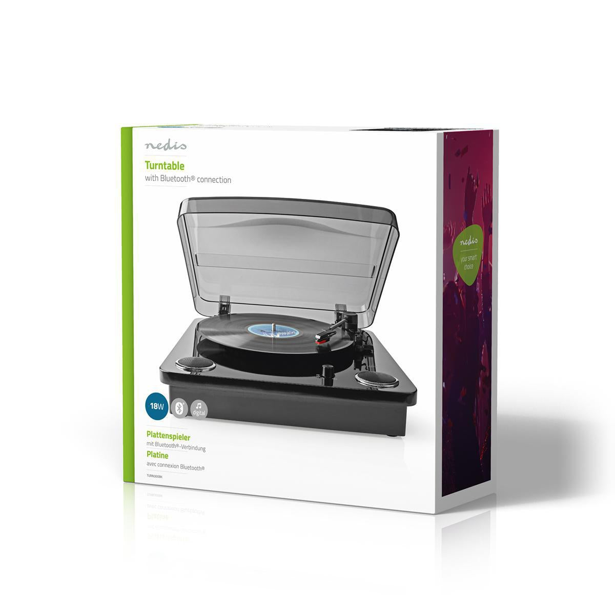 Turntable | 33 / 45 / 78 rpm | Belt Drive | 1x Stereo RCA | Bluetooth® | 18 W | Built-in (pre) amplifier | MP3 conversion | ABS / MDF | Black