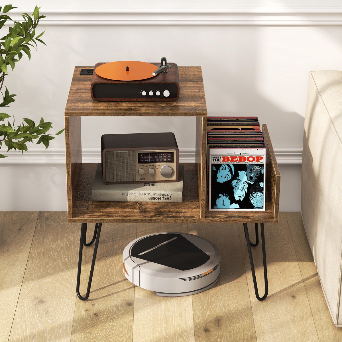 Turntable Stand With AC Outlets, USB, Holds 145 Records