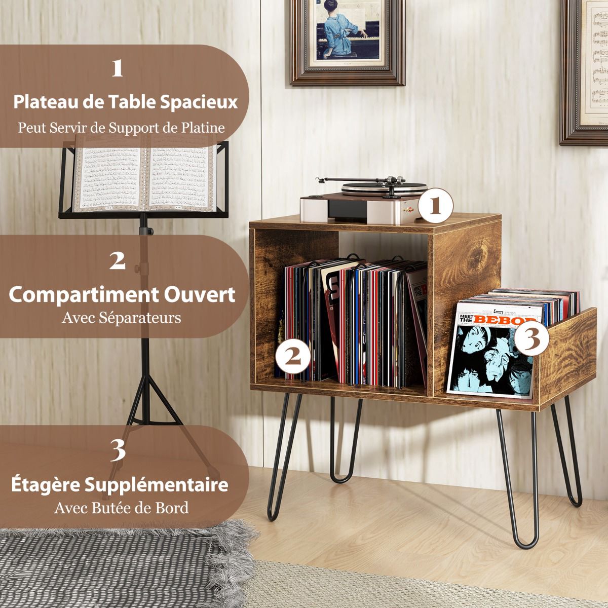 Turntable Stand With AC Outlets, USB, Holds 145 Records
