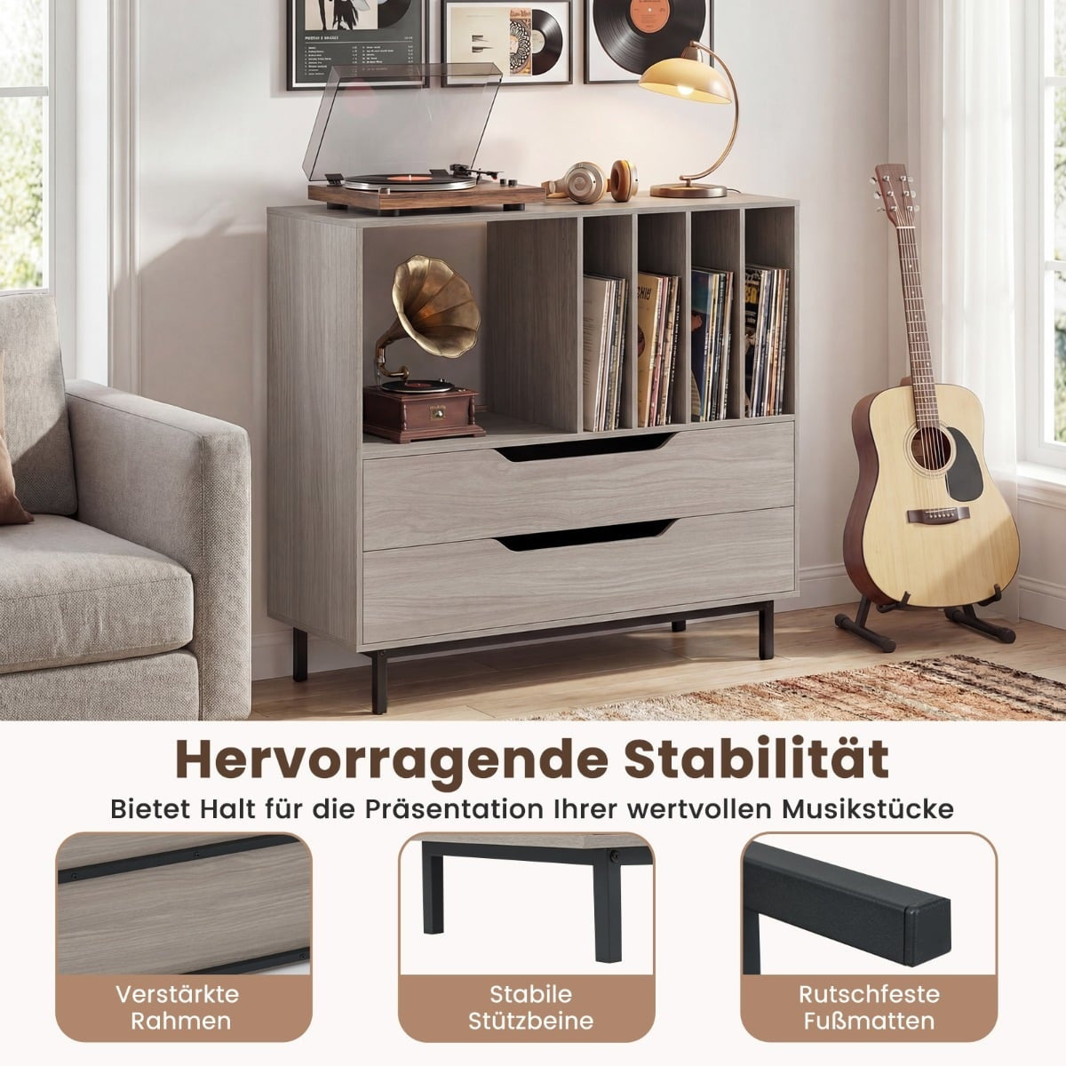 Turntable Stand with 4 Vinyl Slots & 2 Drawers, Gray