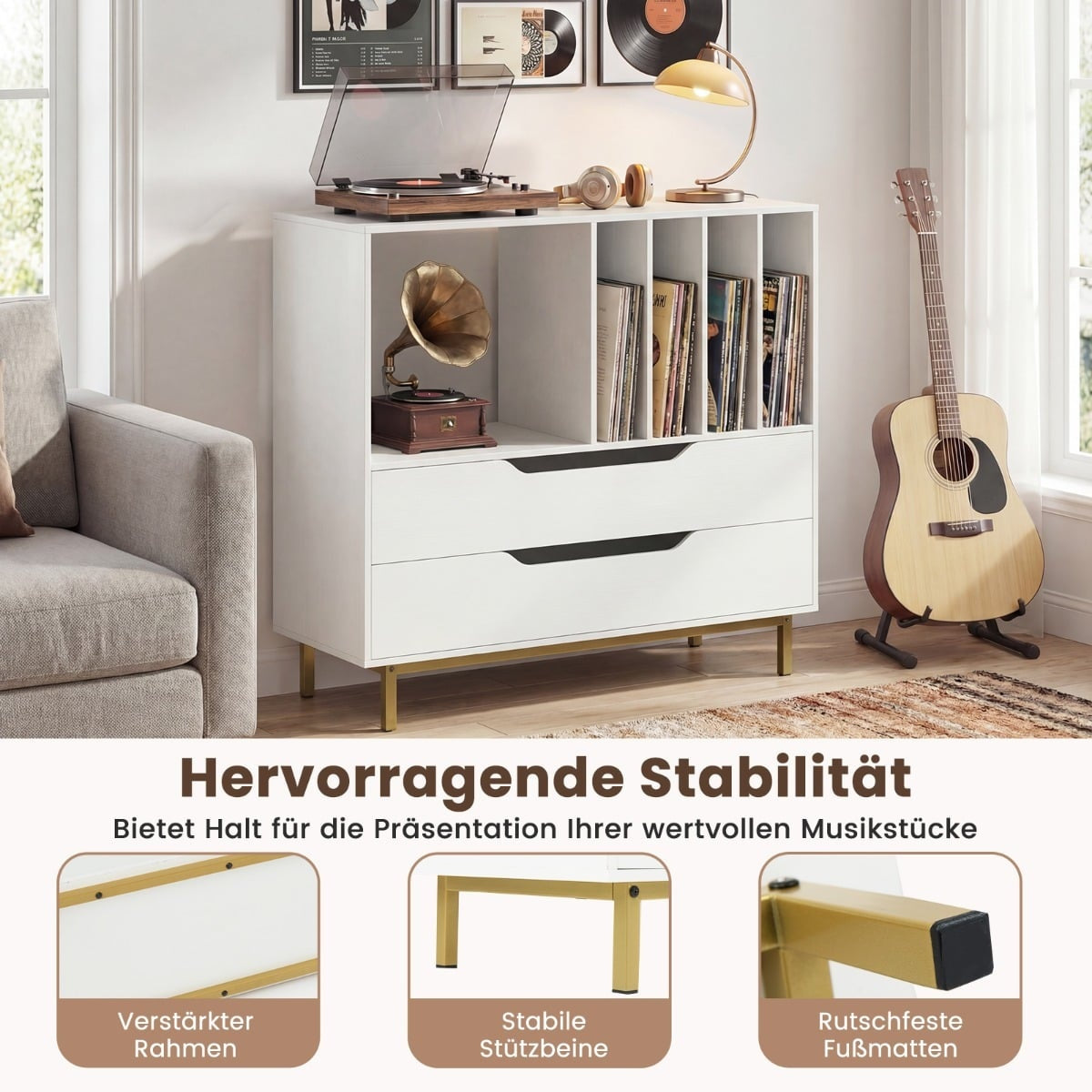 Turntable Stand with 4 Vinyl Slots & 2 Drawers, White