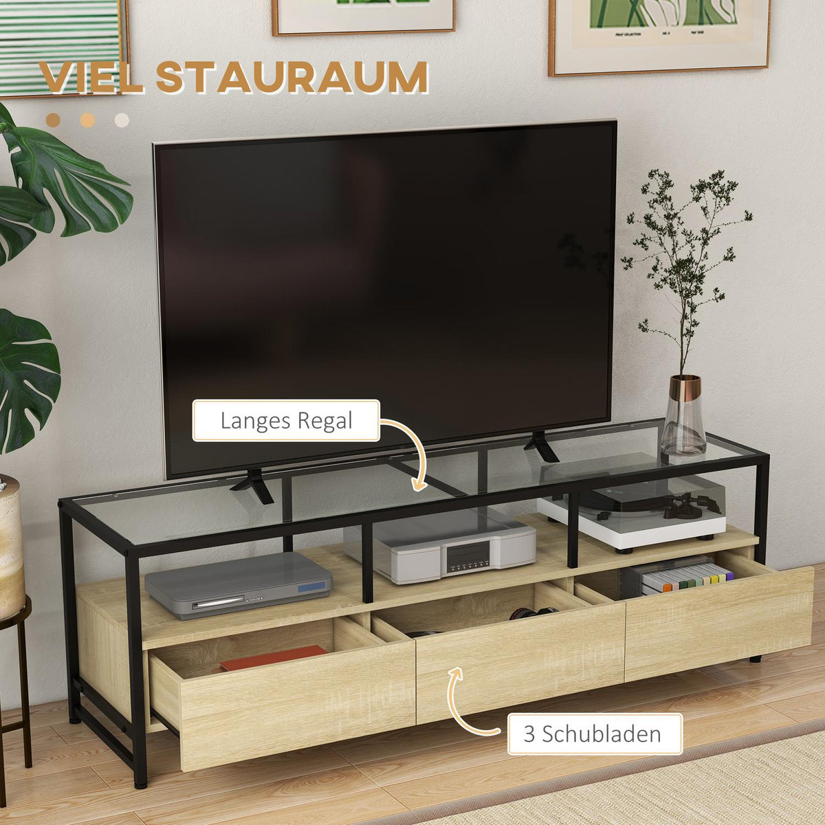 Tv Cabinet Tv Cabinet With 3 Cabinets & Open Compartment, Tv Board For Devices Up To 65", Oak