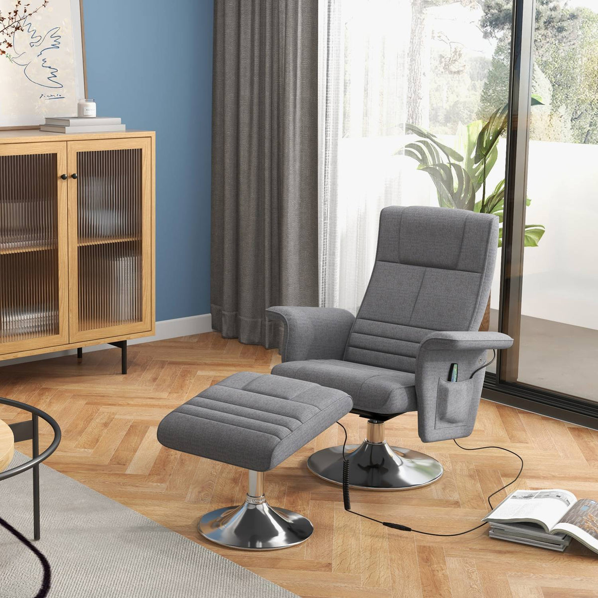 Tv Chair Footstool Electric Relaxation Chair Reclining Function Vibration Massage Remote Control Linen Look Dark Gray