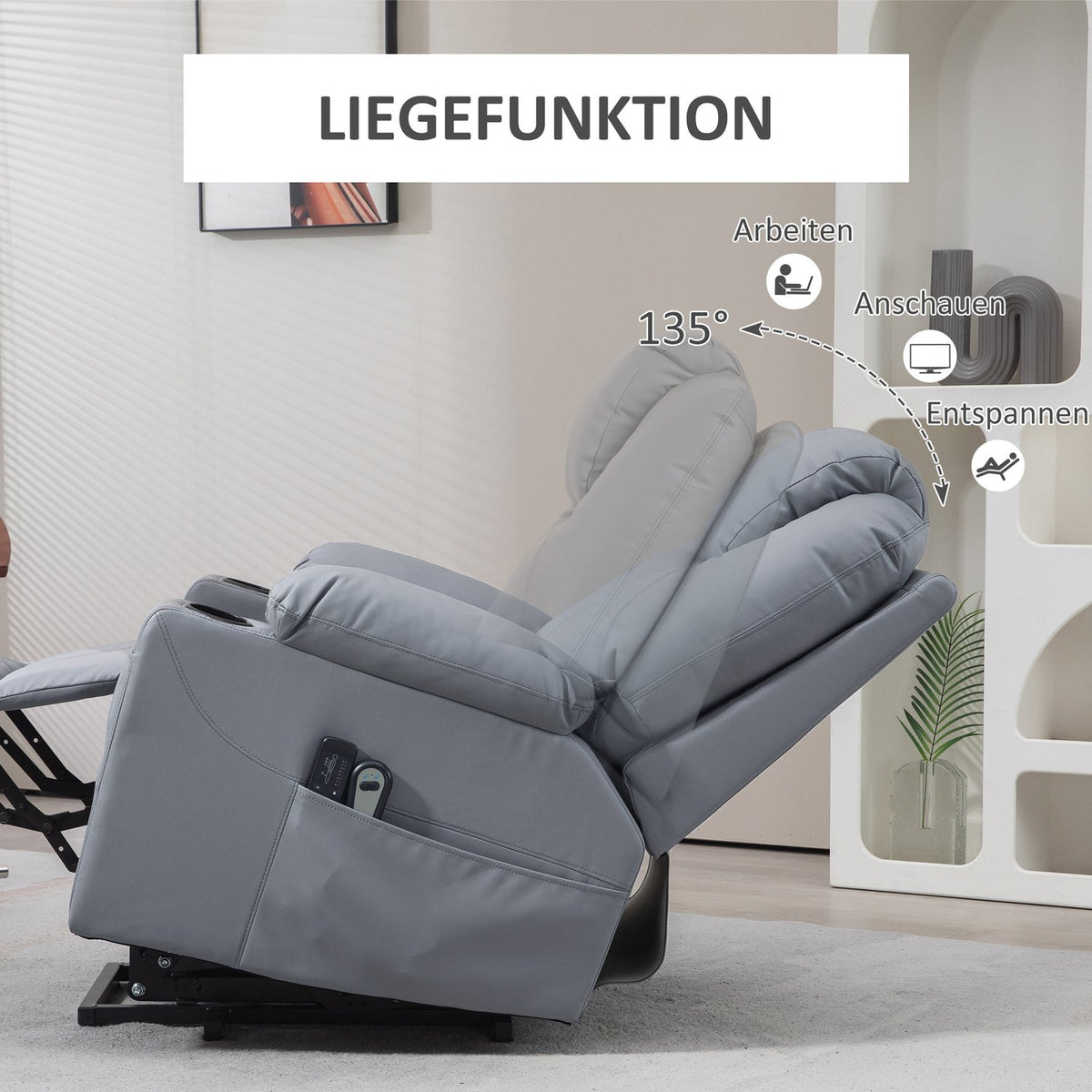 Tv Chair Stand-Up Aid Electric Relaxation Chair Massage Function Reclining Function Cup Holder Remote Control Side Pocket Gray