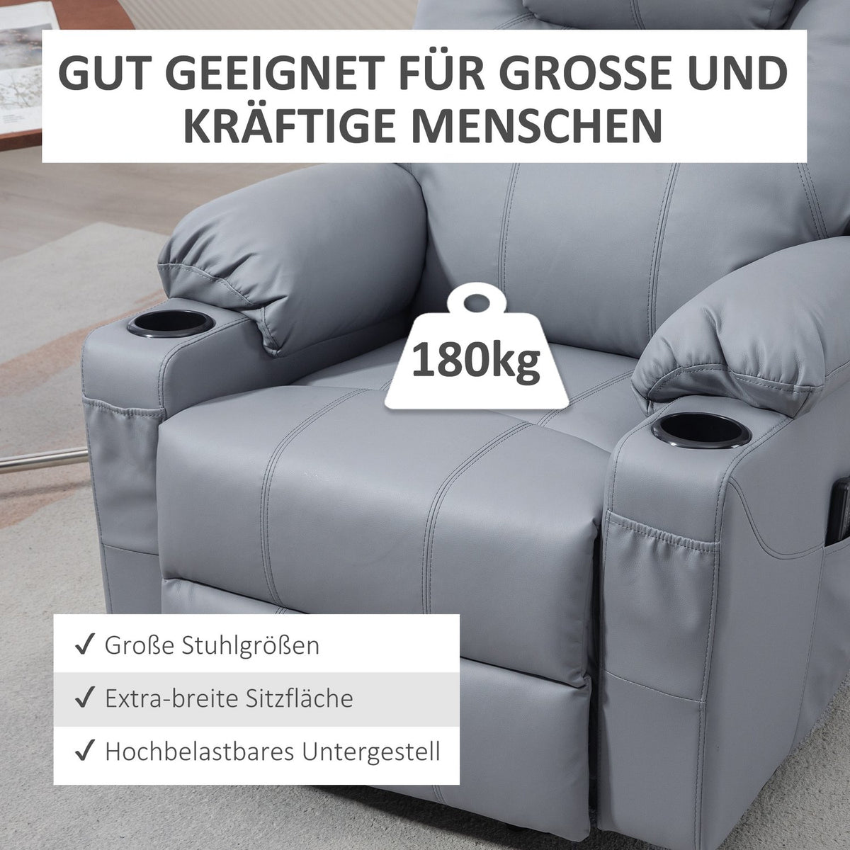 Tv Chair Stand-Up Aid Electric Relaxation Chair Massage Function Reclining Function Cup Holder Remote Control Side Pocket Gray
