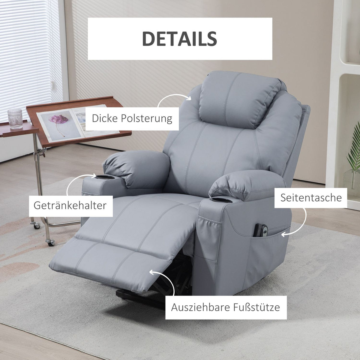 Tv Chair Stand-Up Aid Electric Relaxation Chair Massage Function Reclining Function Cup Holder Remote Control Side Pocket Gray