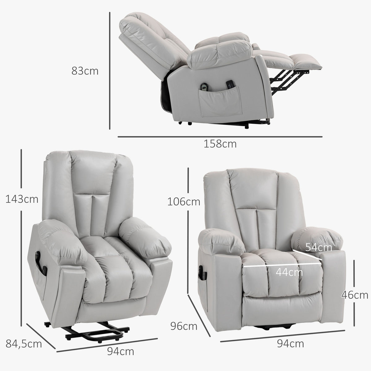 Tv Chair Stand-Up Aid Electric Relaxation Chair Reclining Function 4 Massage Modes Pocket Spring Core Remote Control Side Pocket Light Gray