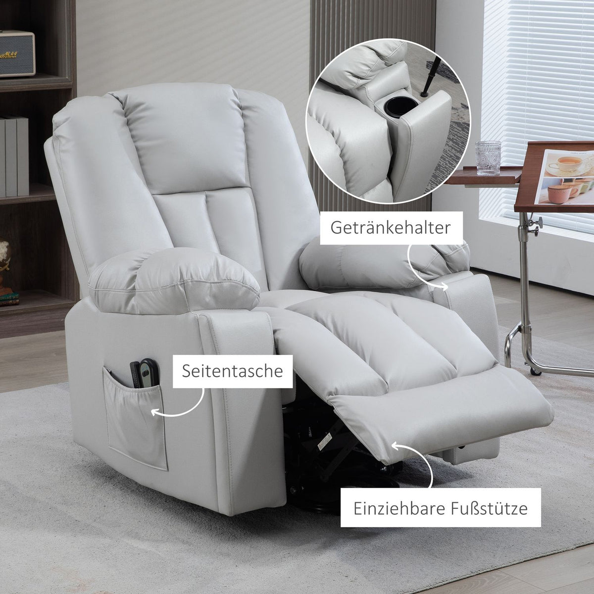Tv Chair Stand-Up Aid Electric Relaxation Chair Reclining Function 4 Massage Modes Pocket Spring Core Remote Control Side Pocket Light Gray