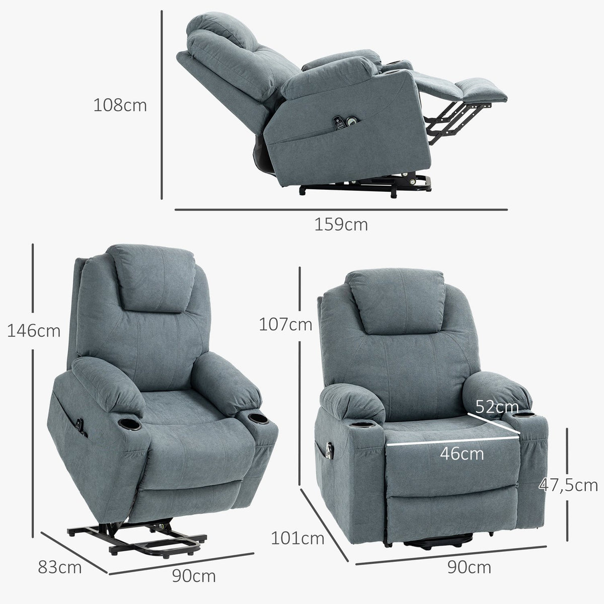 Tv Chair Stand-Up Aid Electric Relaxation Chair Reclining Function Heating Function 1 Motor Massage Function Pocket Spring Core Dark Gray