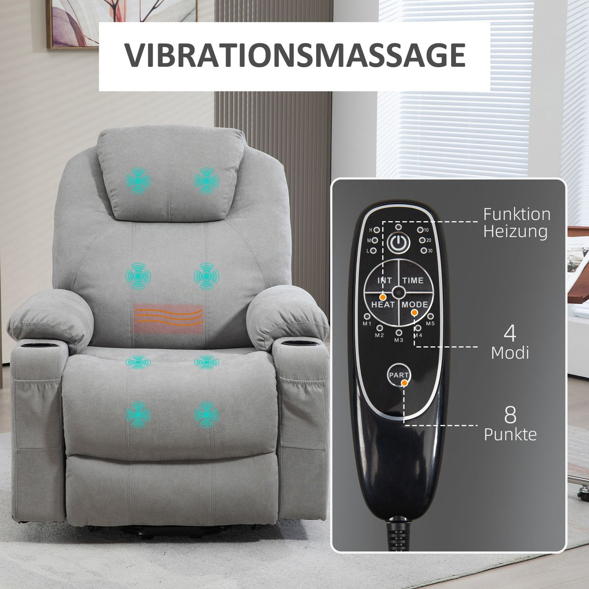 Tv Chair Stand-Up Aid Electric Relaxation Chair Reclining Function Heating Function 1 Motor Massage Function Pocket Spring Core Light Gray