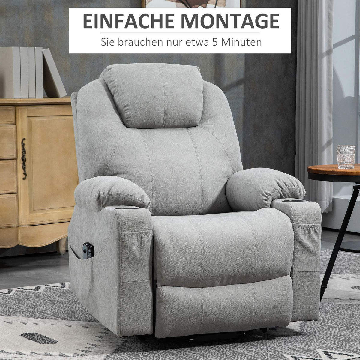 Tv Chair Stand-Up Aid Electric Relaxation Chair Reclining Function Heating Function 1 Motor Massage Function Pocket Spring Core Light Gray