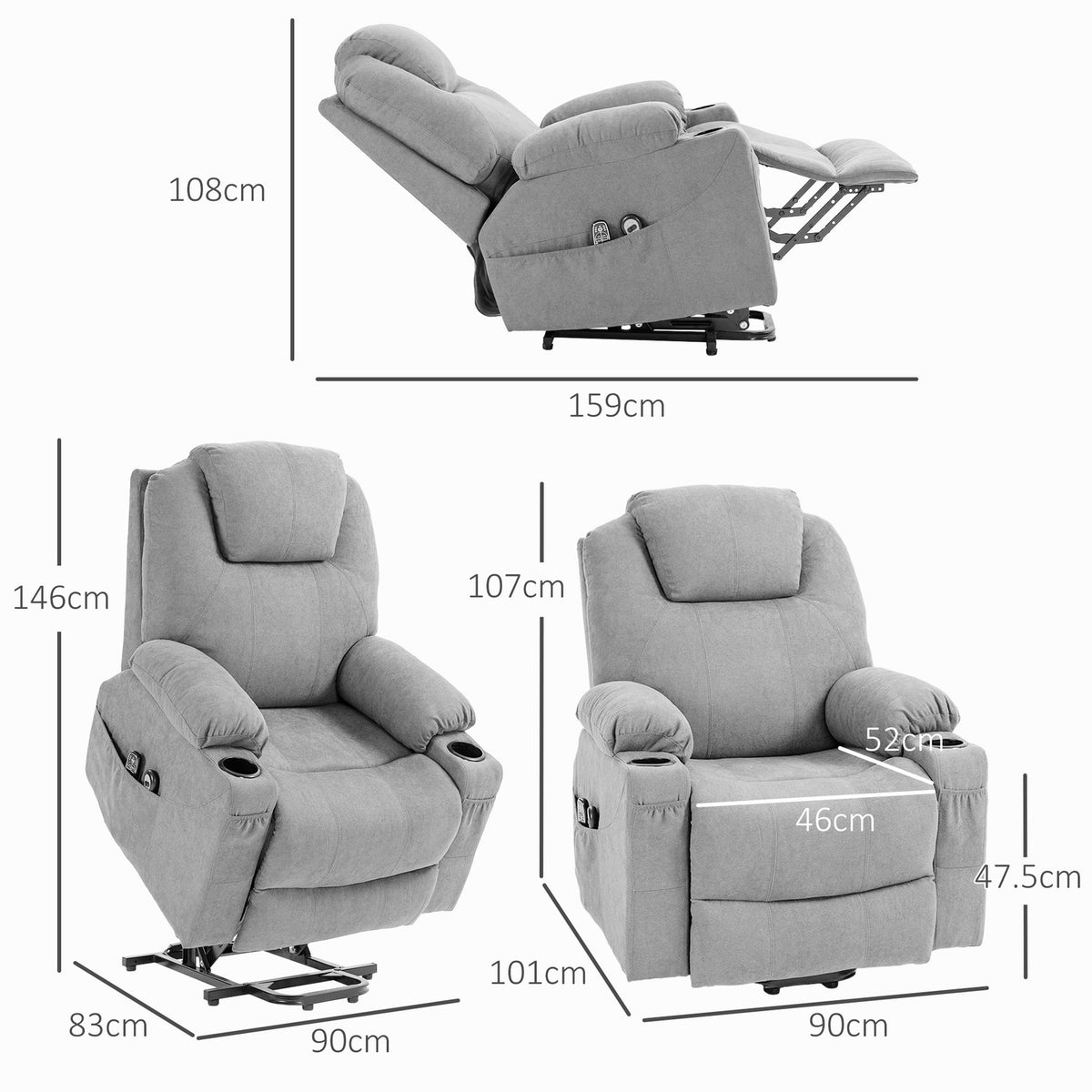 Tv Chair Stand-Up Aid Electric Relaxation Chair Reclining Function Heating Function 1 Motor Massage Function Pocket Spring Core Light Gray