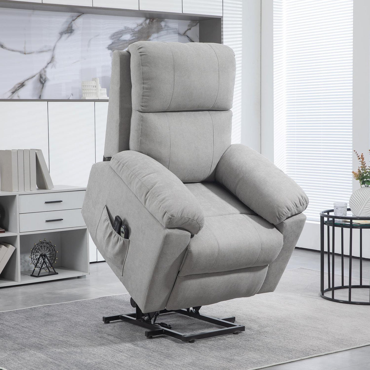 Tv Chair Stand-Up Aid Electric Relaxation Chair Reclining Function Remote Control Massage Chair Side Pocket Linen Look Light Gray