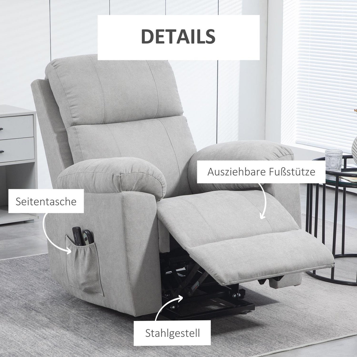 Tv Chair Stand-Up Aid Electric Relaxation Chair Reclining Function Remote Control Massage Chair Side Pocket Linen Look Light Gray
