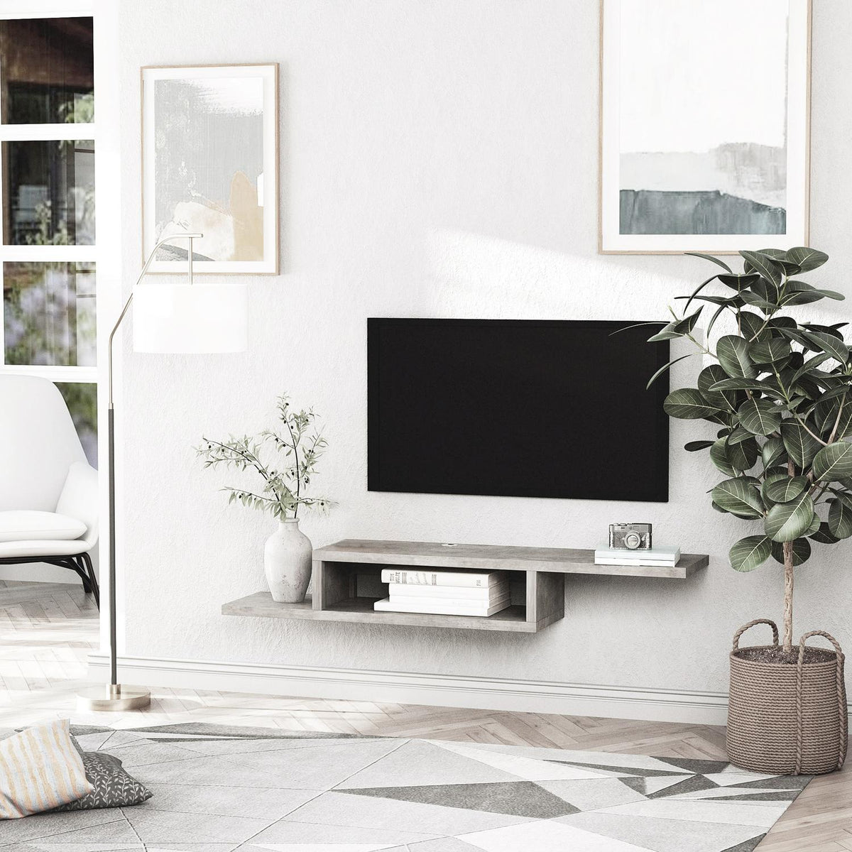 Tv Lowboard Hanging Board, Hanging Multimedia Wall Shelf, Tv Rack, Multimedia Console, Chipboard, Cement Gray