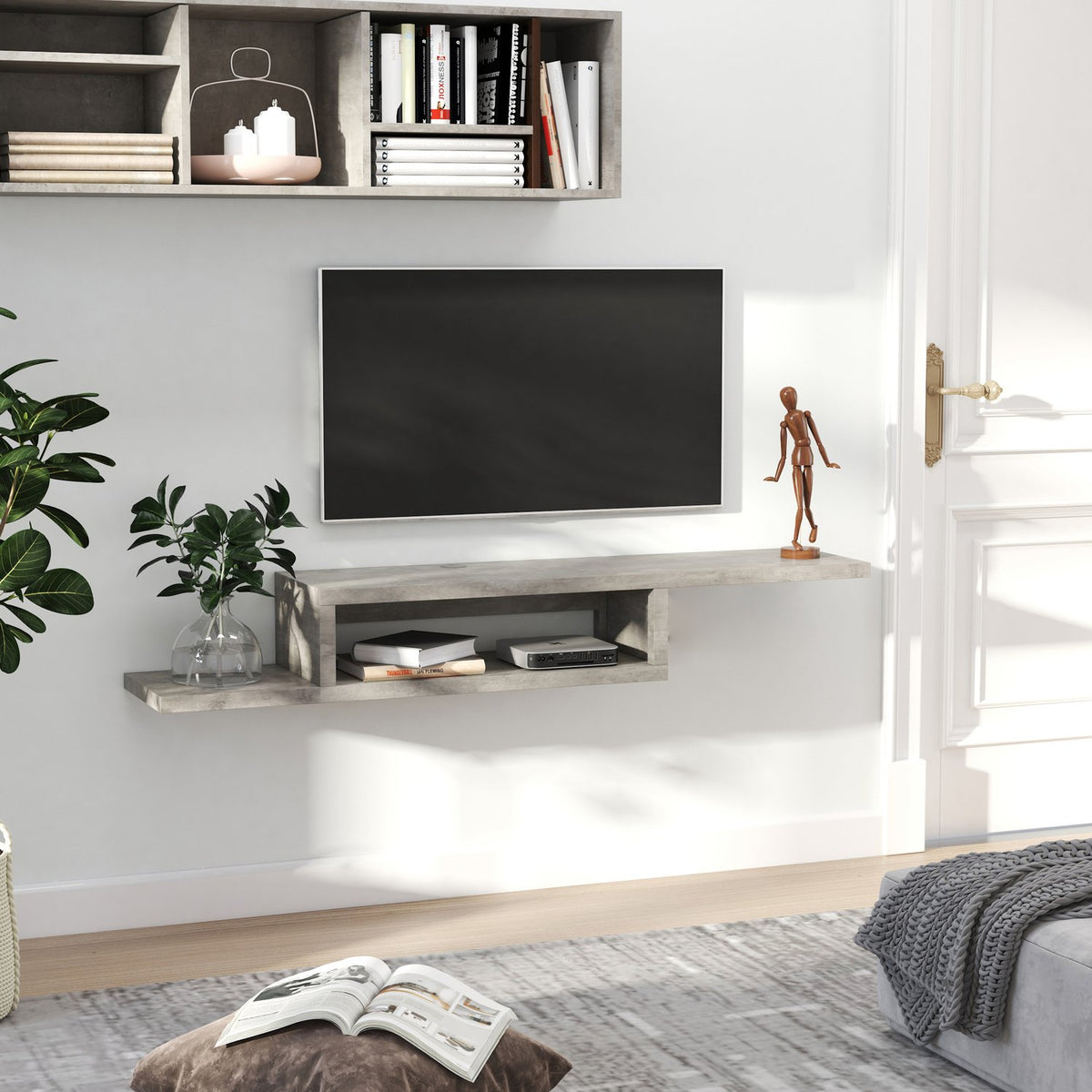 Tv Lowboard Hanging Board, Hanging Multimedia Wall Shelf, Tv Rack, Multimedia Console, Chipboard, Cement Gray