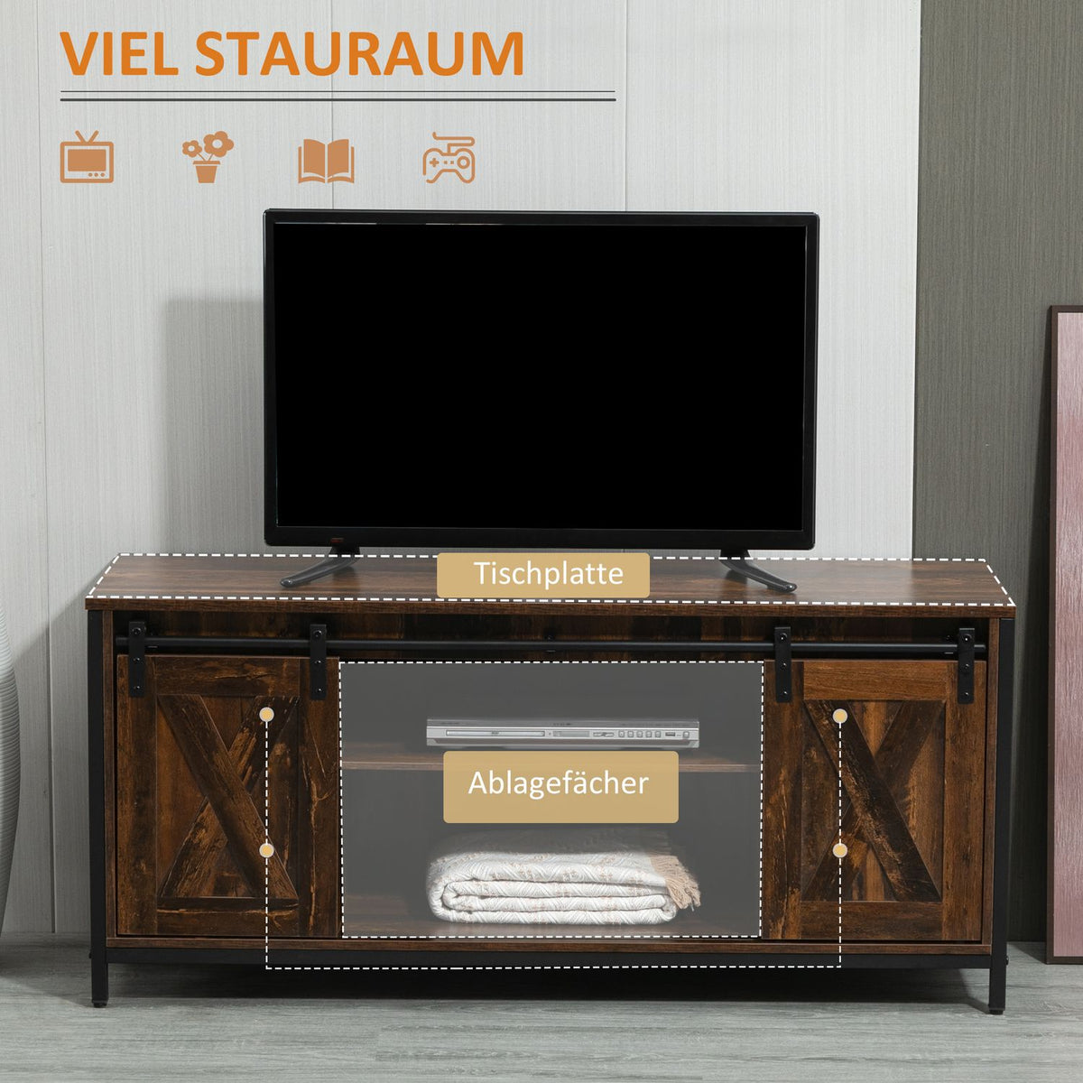 Tv Lowboard Tv Cabinet For Up To 60 Inches, Tv Stand In Industrial Design, With Shelf, Chipwood Steel, Brown + Black, 120X40X54Cm