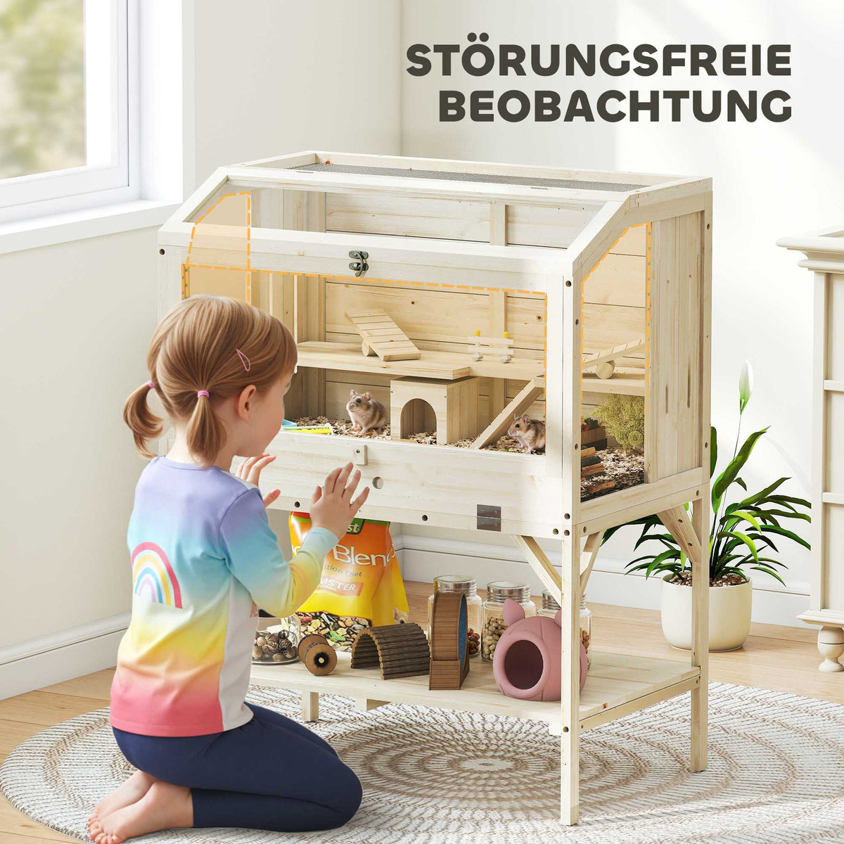 Two-Level Hamster Cage with Storage, Natural Wood, 84x53x110 cm